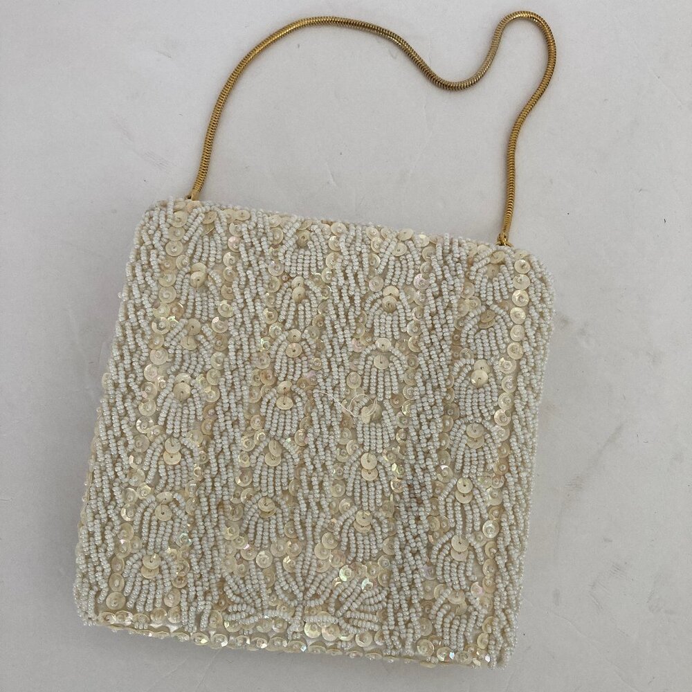 Antique Off White Square Beaded Evening Cocktail Handbag Gold Chain - Picture 3 of 7
